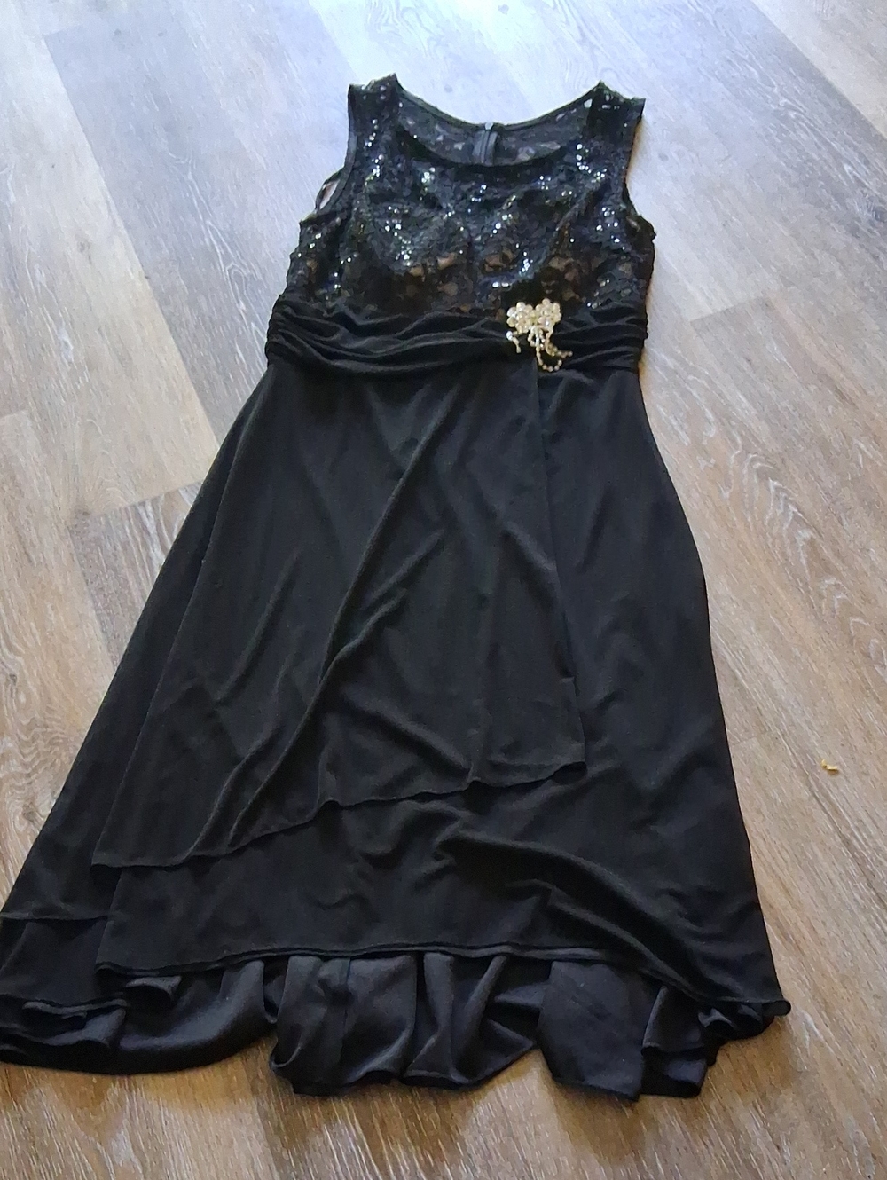 Aspeed Black High-Low Sequin Bodice Dress with Brooch Accent